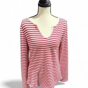 LOFT Red White Striped Waffle Knit Long Sleeve Top Size M‎